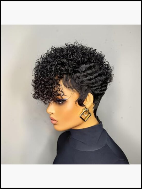 Short Layered Curly Human Hair Wig with Bangs Lightweight Full Density Glueless main image 4